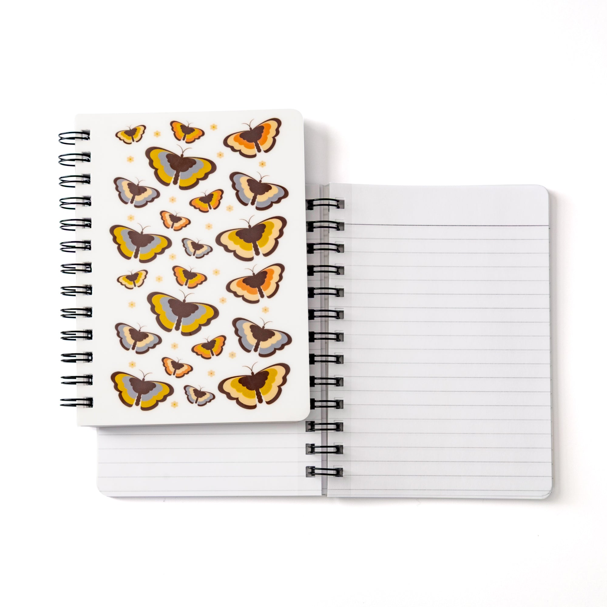 Butterfly Notebook 70s Boho 5x7 Spiral with lined pages featuring colorful butterfly design on cover and black spiral binding
