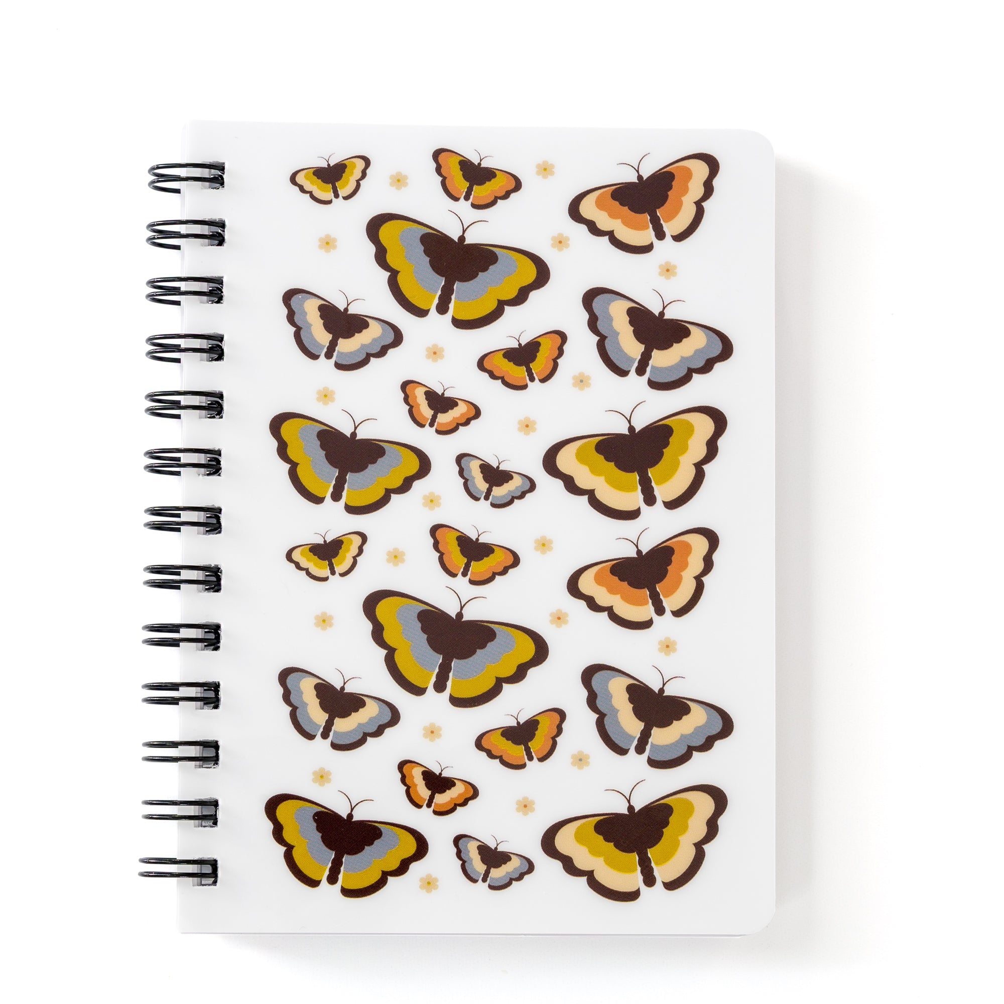 Butterfly Notebook 70s Boho 5x7 Spiral with colorful butterfly design and black spiral binding on white background