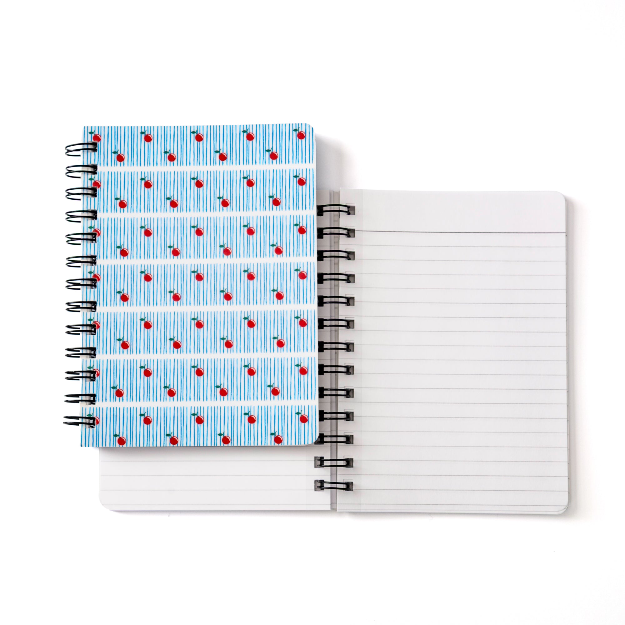 Cherry Notebook Vintage Cherries 5x7 Spiral with lined pages and blue striped cherry design cover