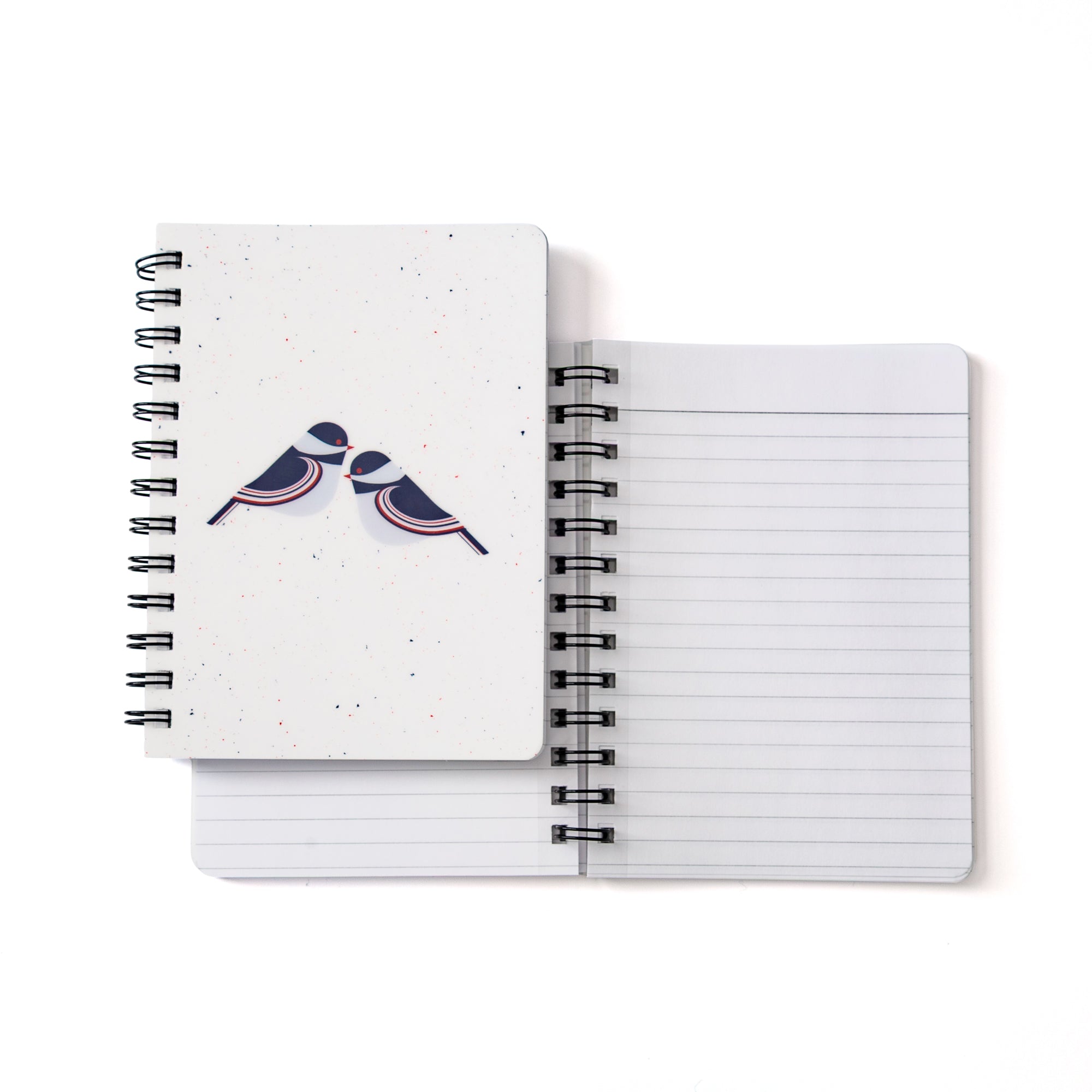 Chickadee Notebook with modern birds design, 5x7 spiral-bound lined journal for notes and ideas.