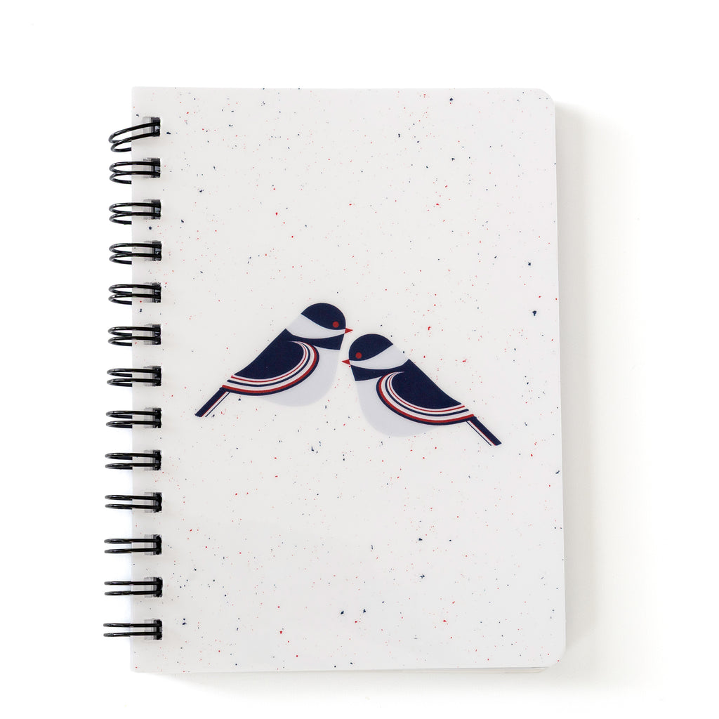 Chickadee Notebook Modern Birds 5x7 Spiral with two stylized birds on a speckled white cover.