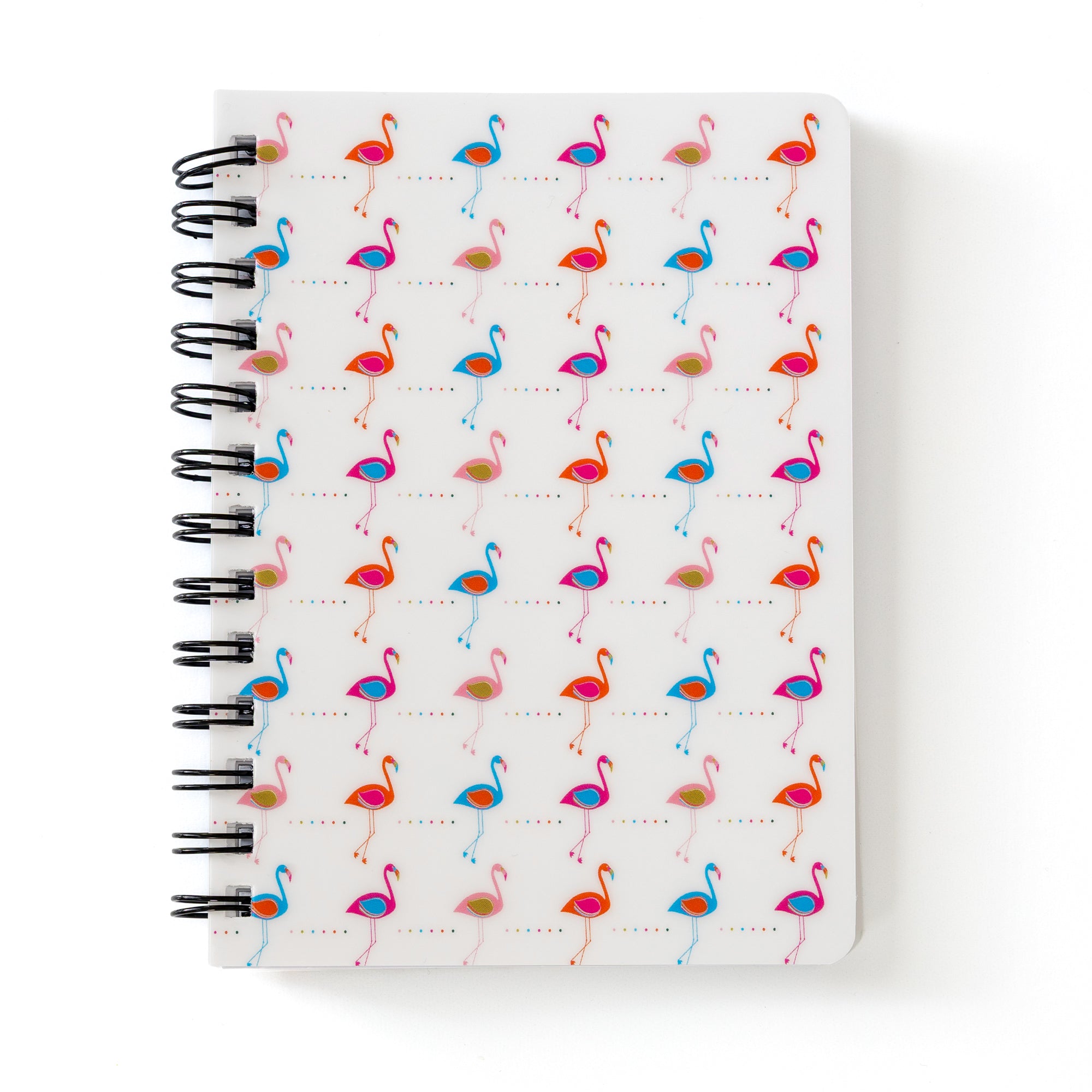 Flamingo Notebook Retro 5x7 Spiral with colorful flamingo pattern on white cover, lined pages for notes or journaling