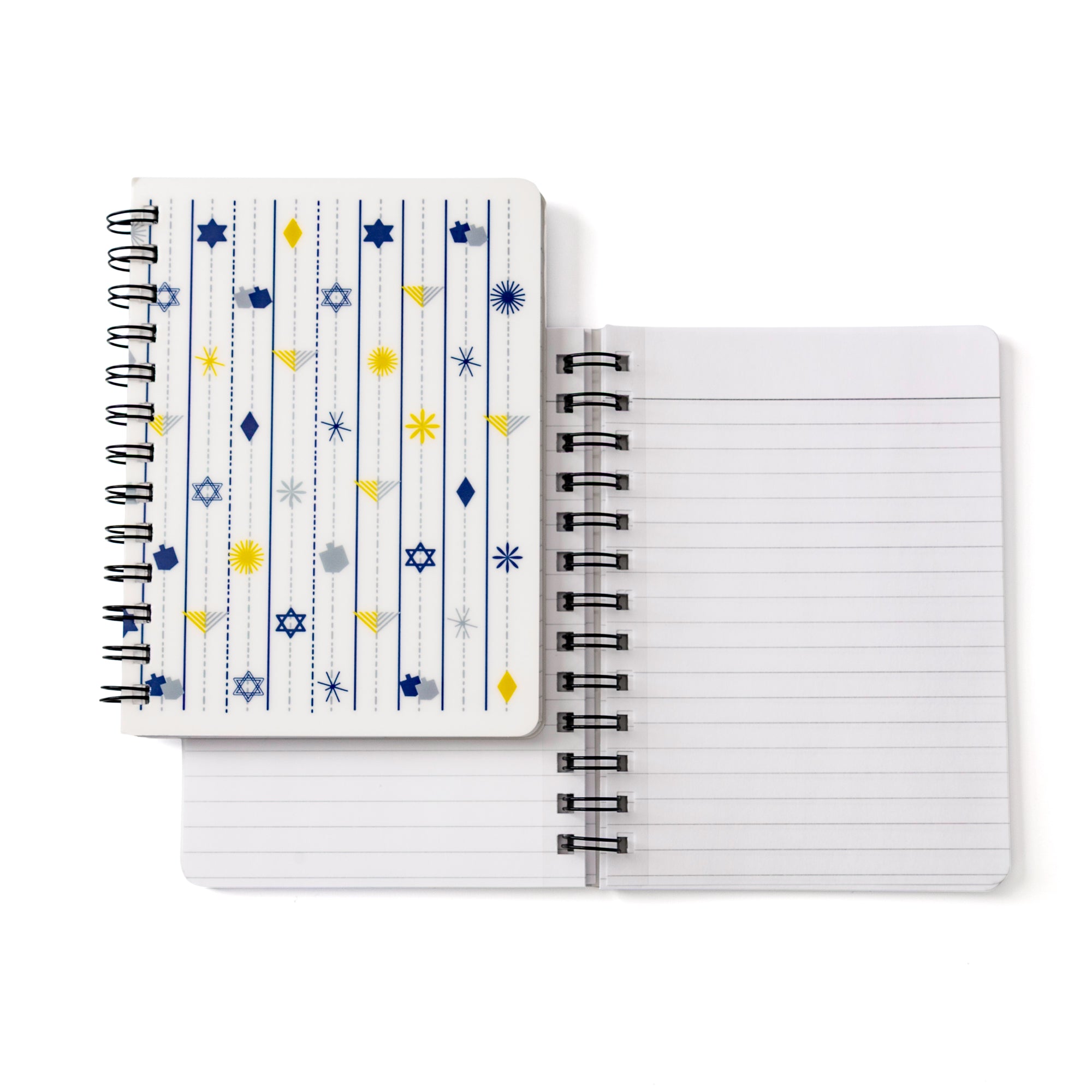 Hanukkah Notebook | Dreidels & Menorahs | 5x7 Spiral with festive blue and yellow Hanukkah symbols on cover and lined pages inside