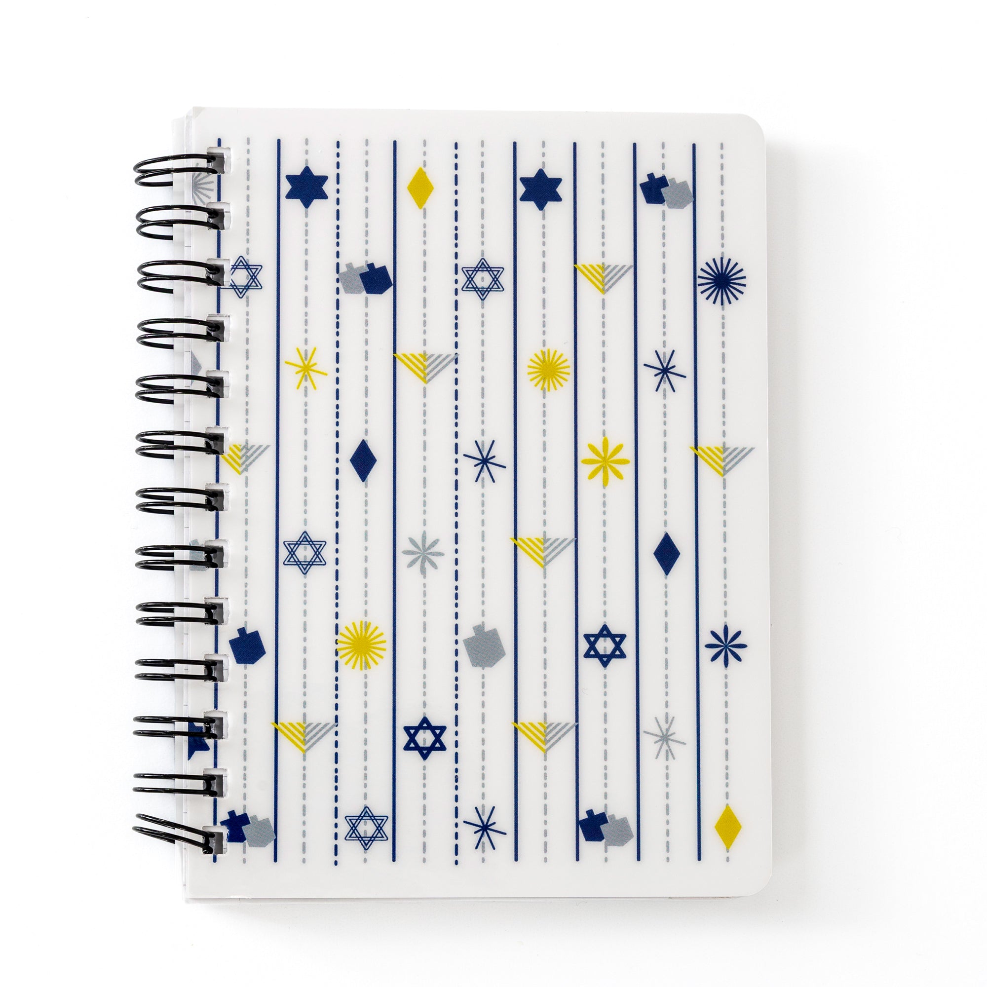 Hanukkah Notebook Dreidels & Menorahs 5x7 Spiral with festive blue yellow and gray holiday design on cover