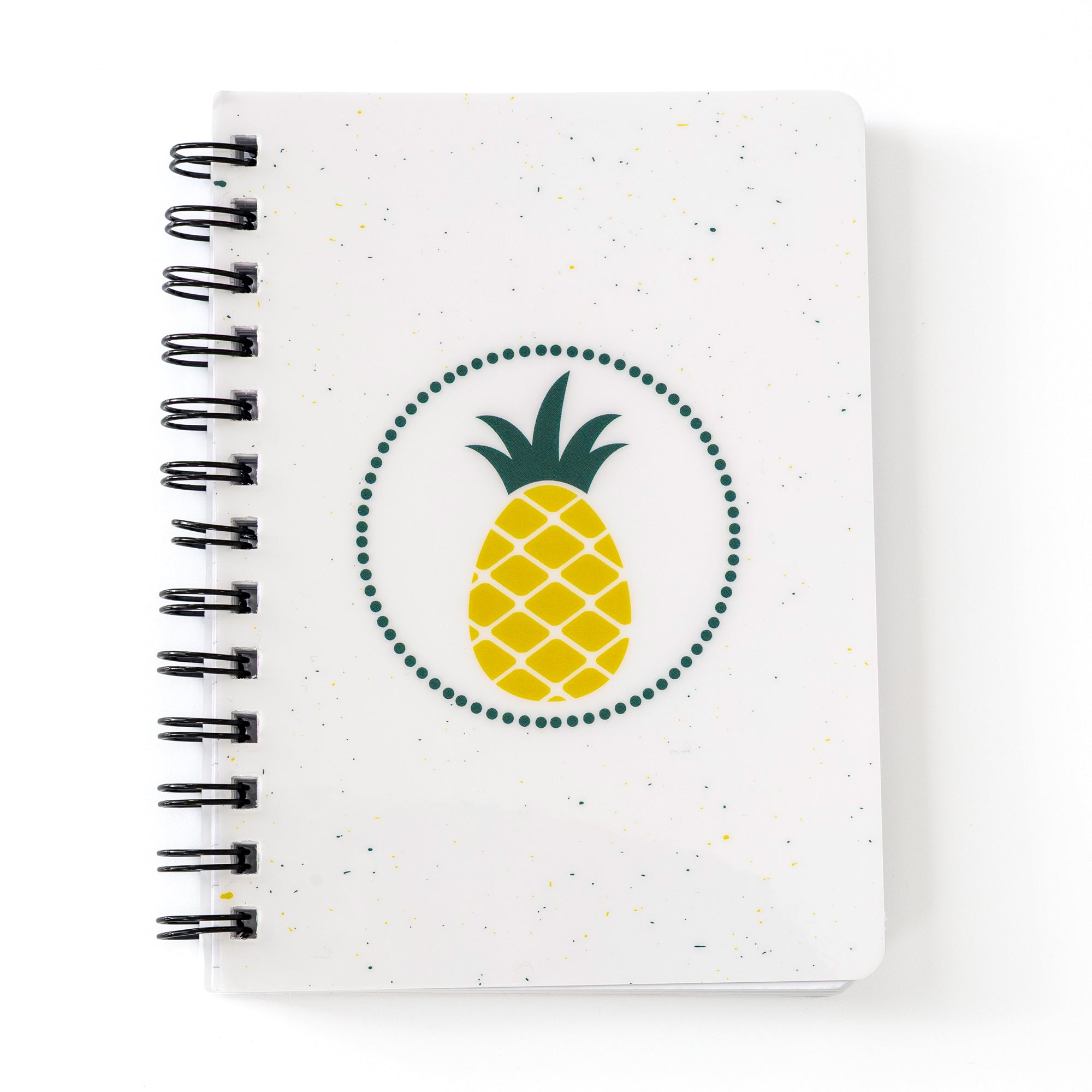 Pineapple Notebook Tropical Flair 5x7 Spiral with yellow pineapple design on white speckled cover for notes and ideas.