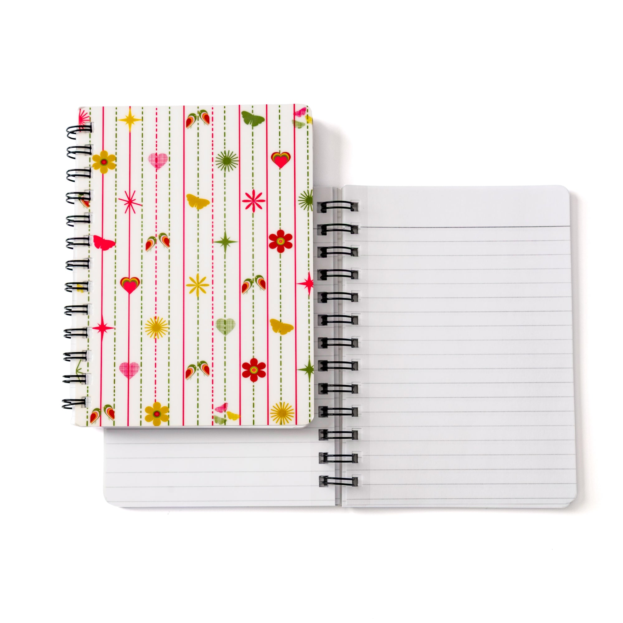 Pink Hearts Spiral Notebook 5x7 with retro floral hearts design, lined pages, and black spiral binding shown open and closed.