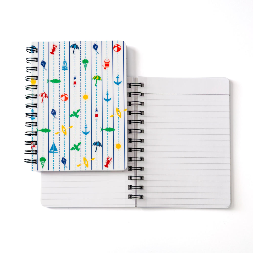 Seaside Notebook New England Coastal 5x7 spiral-bound with lobsters, sailboats, lighthouses, and lined pages for notes.