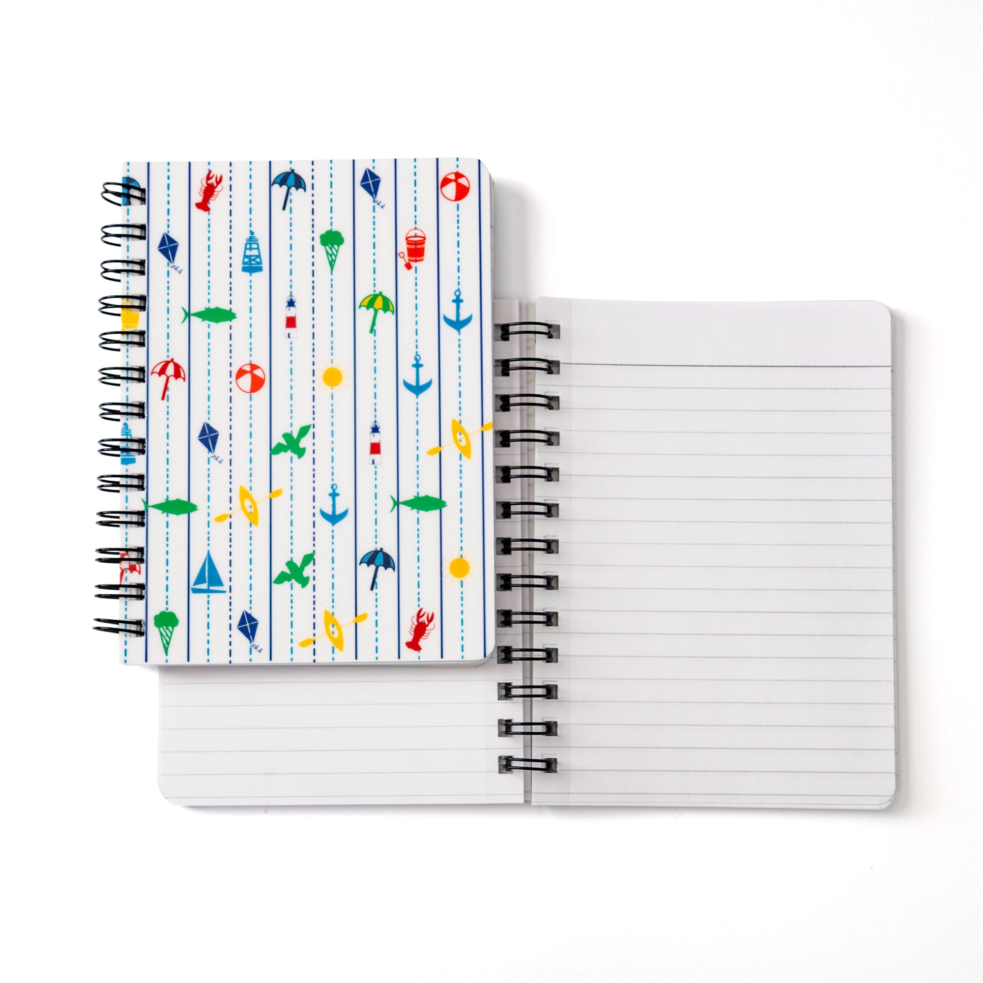 Seaside Notebook New England Coastal 5x7 spiral-bound with lobsters, sailboats, lighthouses, and lined pages for notes.