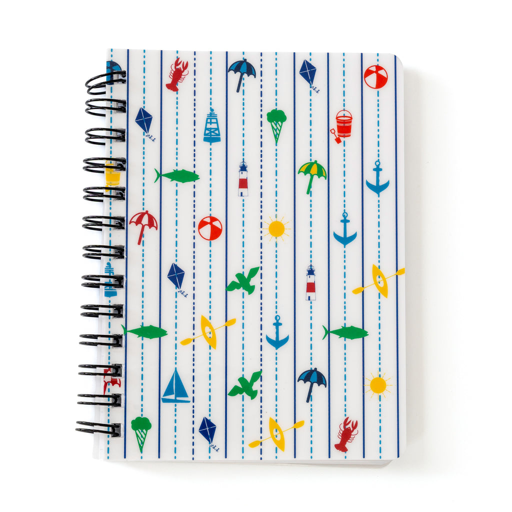 Seaside Notebook New England Coastal 5x7 spiral with colorful lobsters, sailboats, lighthouses, and beach icons on cover.