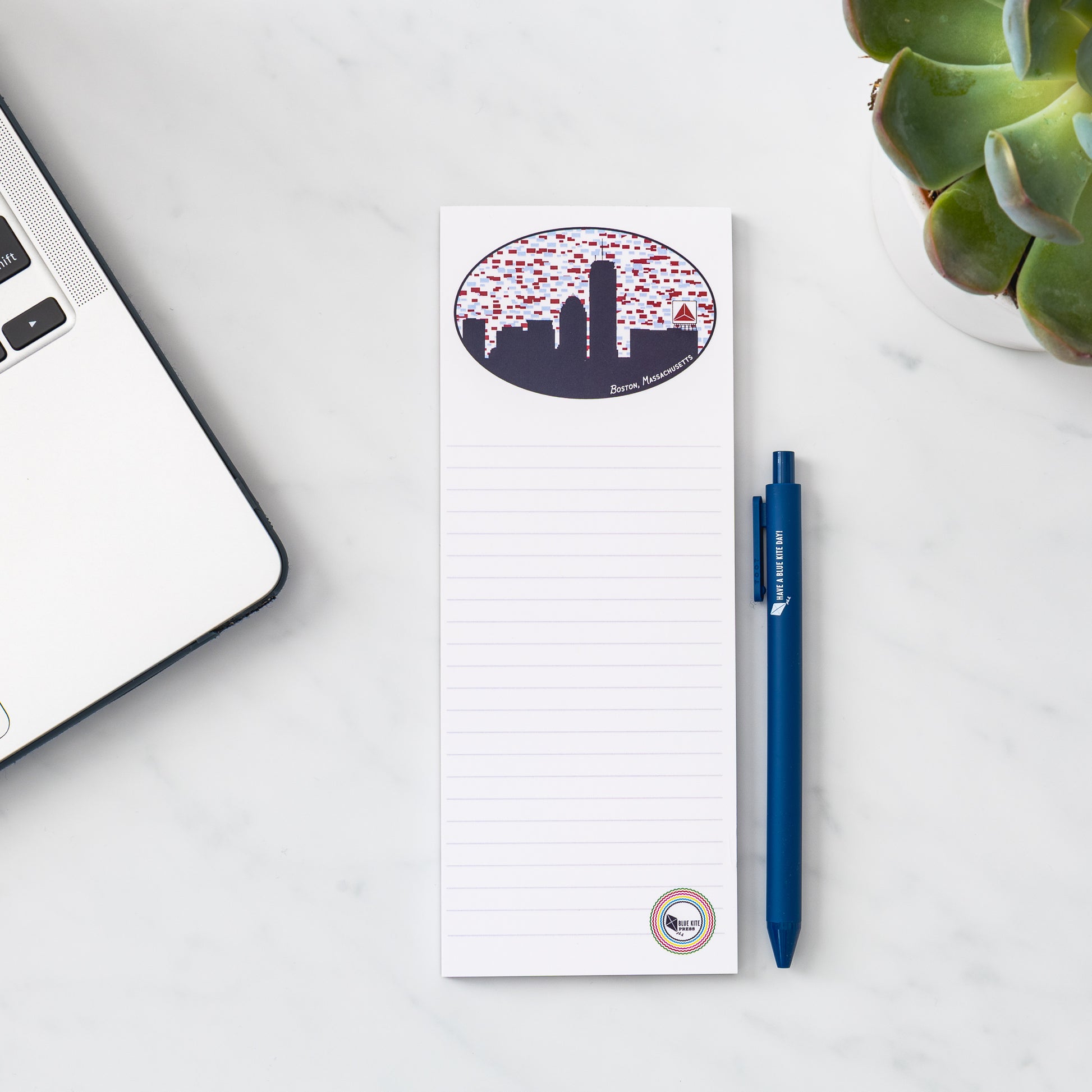 Boston lined 3x8 notepad with laptop and plant for to do lists