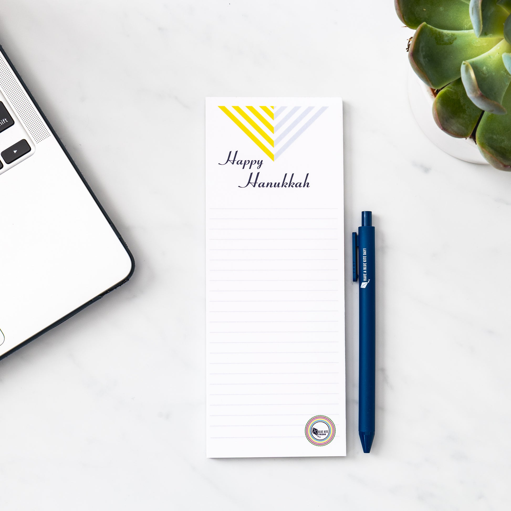 Hanukkah lined 3x8 notepad with laptop and plant for to do lists