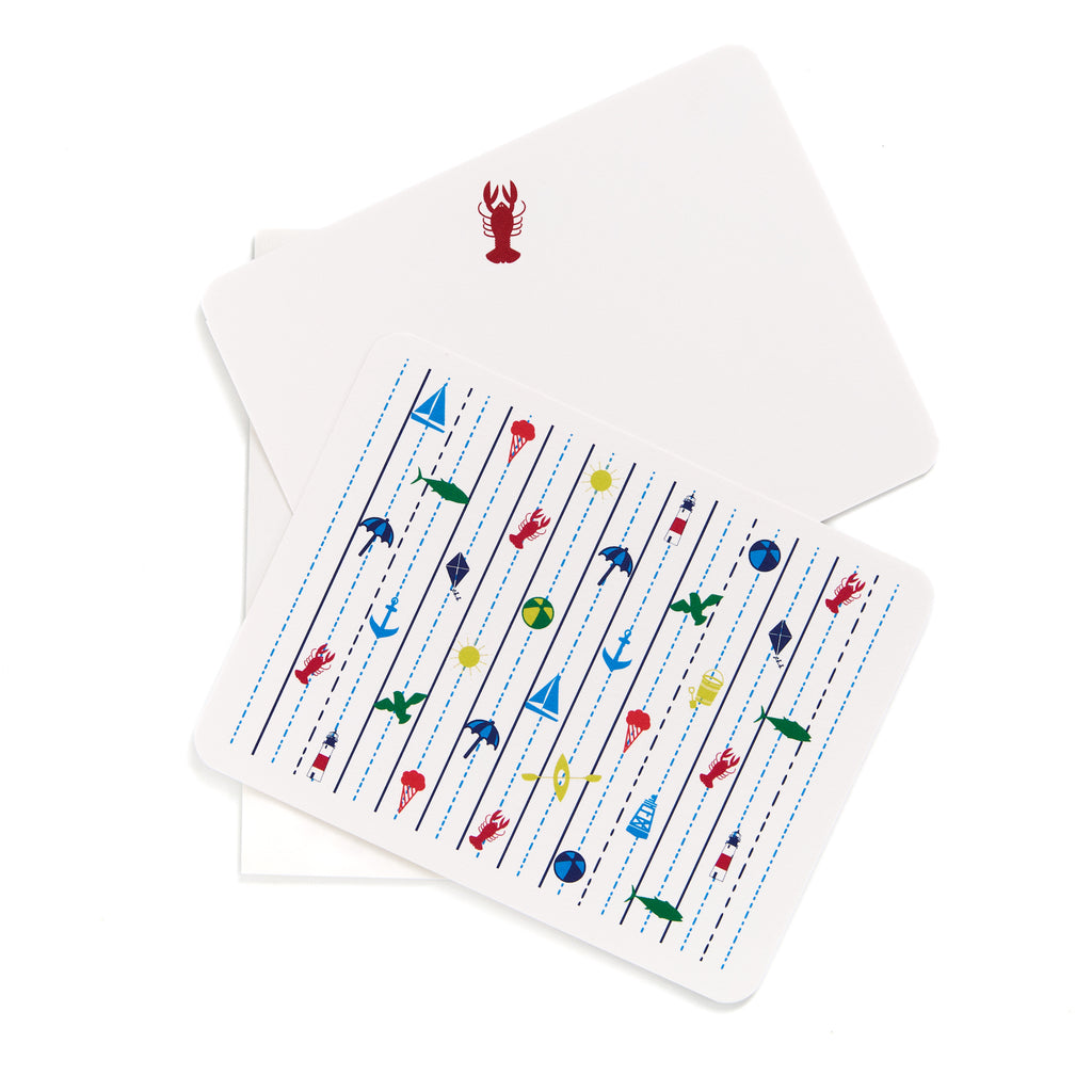 Seaside flat card with colorful nautical icons on front and lobster illustration on back with coordinating envelope.