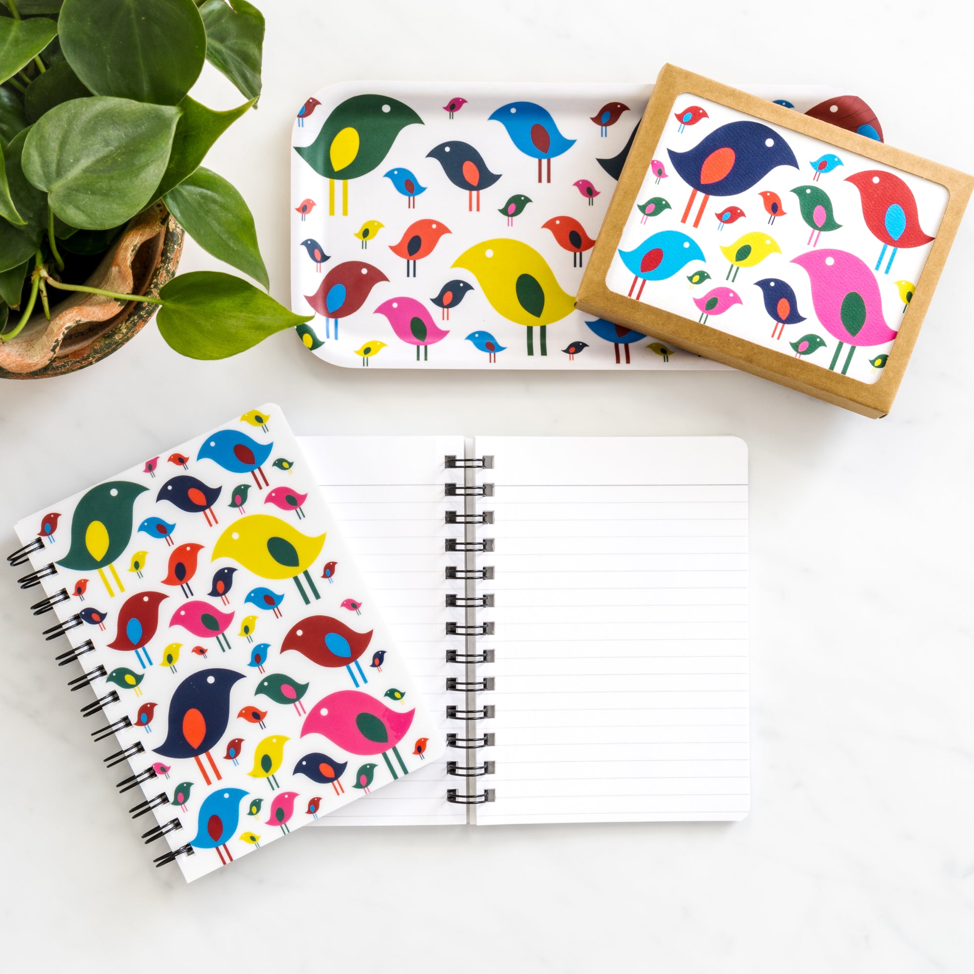 Bright Bird Notebook with modern colorful bird design, 5x7 spiral-bound lined pages, perfect for notes and ideas.