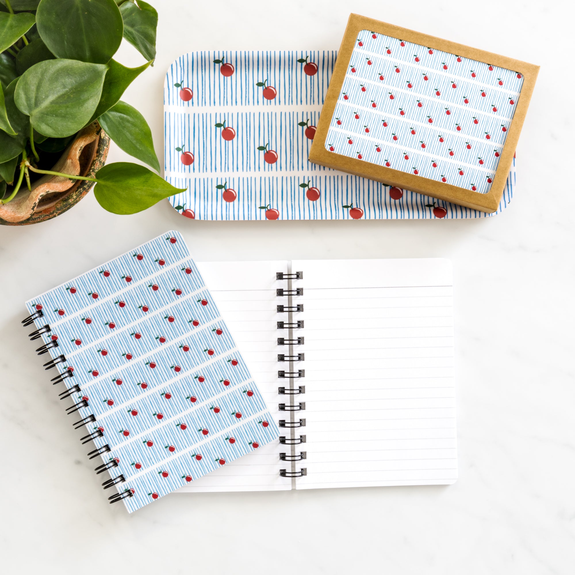 Cherry Notebook with vintage cherries design, 5x7 spiral-bound lined notebook for notes and ideas.