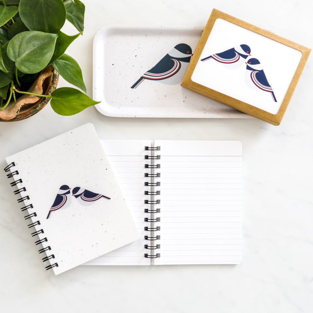 Chickadee Note Card Set with modern birds design, includes 8 notecards and envelopes, blank inside for messages.