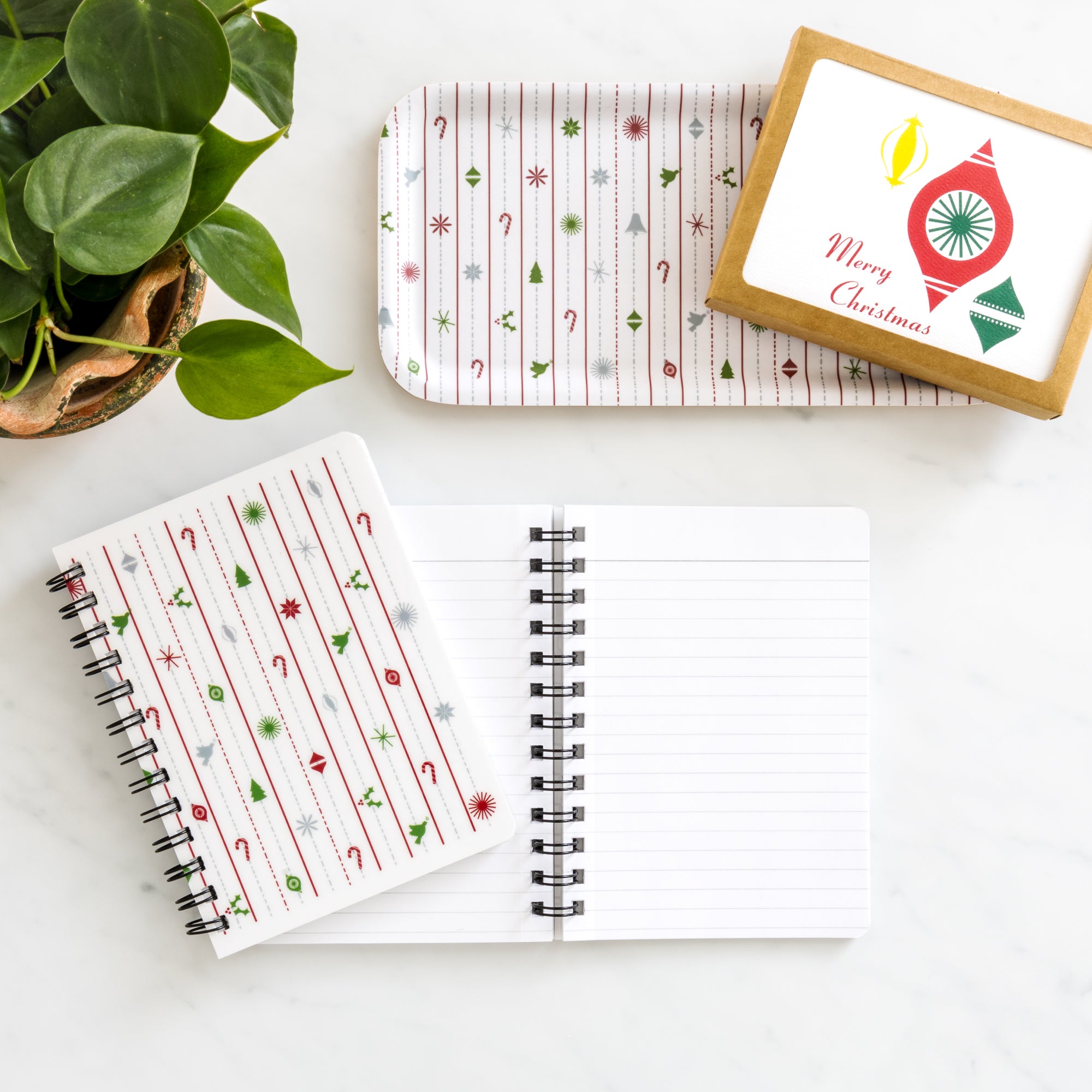 Christmas Notebook | Vintage Christmas | 5x7 Spiral with modern ornaments and trees design on a clean white background.