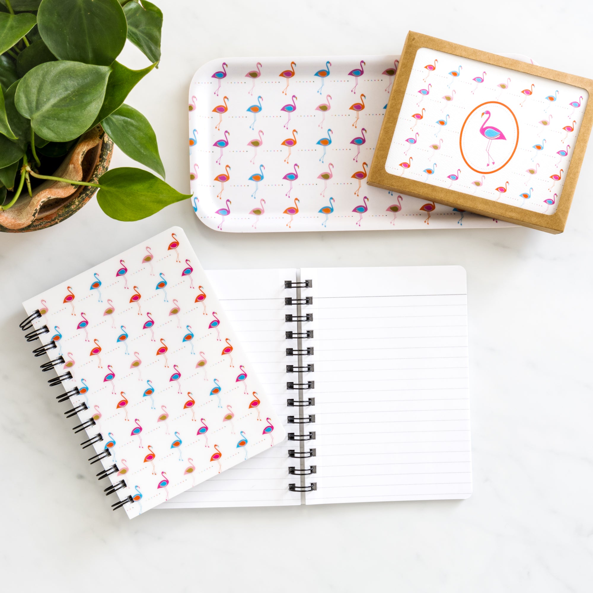 Flamingo Note Card Set Retro featuring 8 cards and envelopes with colorful flamingo design on white background