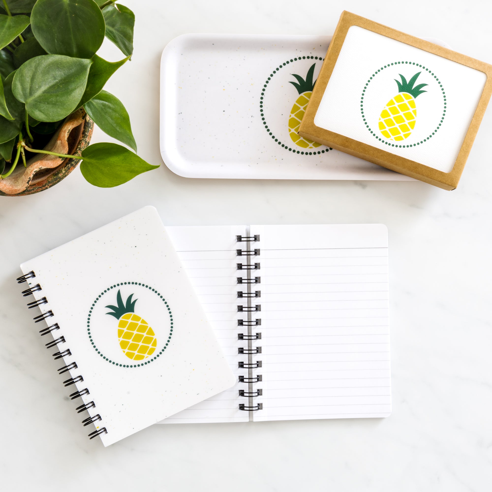 Pineapple Birch Tray with modern pineapple design displayed with notebook and matching box on white surface