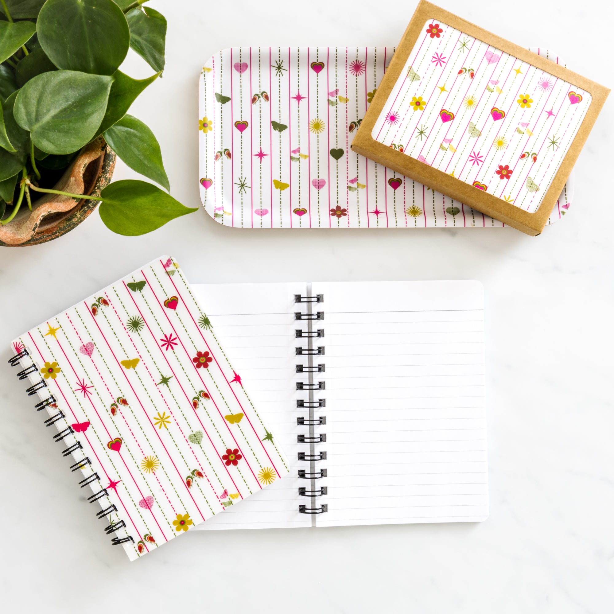 Pink Hearts & Flowers Note Card Set with retro floral design, includes 8 cards and envelopes, blank inside for messages.