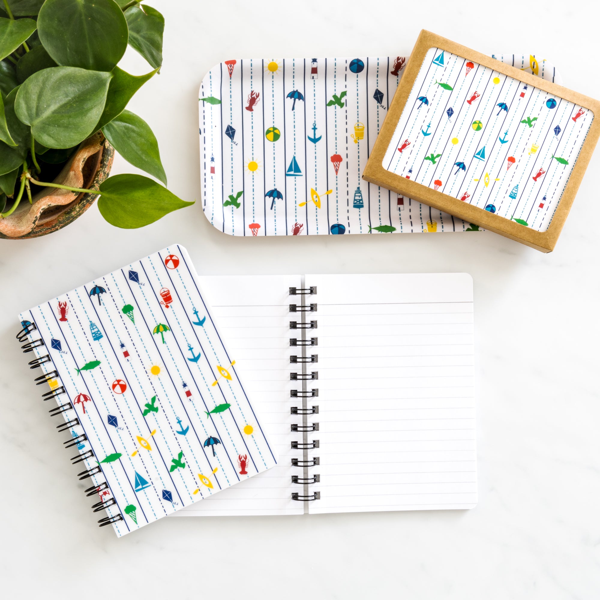 Seaside Notebook New England Coastal 5x7 spiral with colorful lobsters sailboats and lighthouses on cover and lined pages.