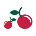 Pair of bright red cherry stickers with green stems and leaves, durable vinyl for laptops or water bottles.