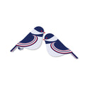 Pair of Chickadee vinyl stickers featuring modern navy blue and white bird design with red accents on white background