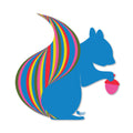 Blue squirrel sticker with rainbow-striped tail holding a pink acorn, durable vinyl design for laptops and more