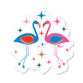 Vinyl sticker with two mid-century style flamingos facing each other surrounded by colorful starburst shapes on white background