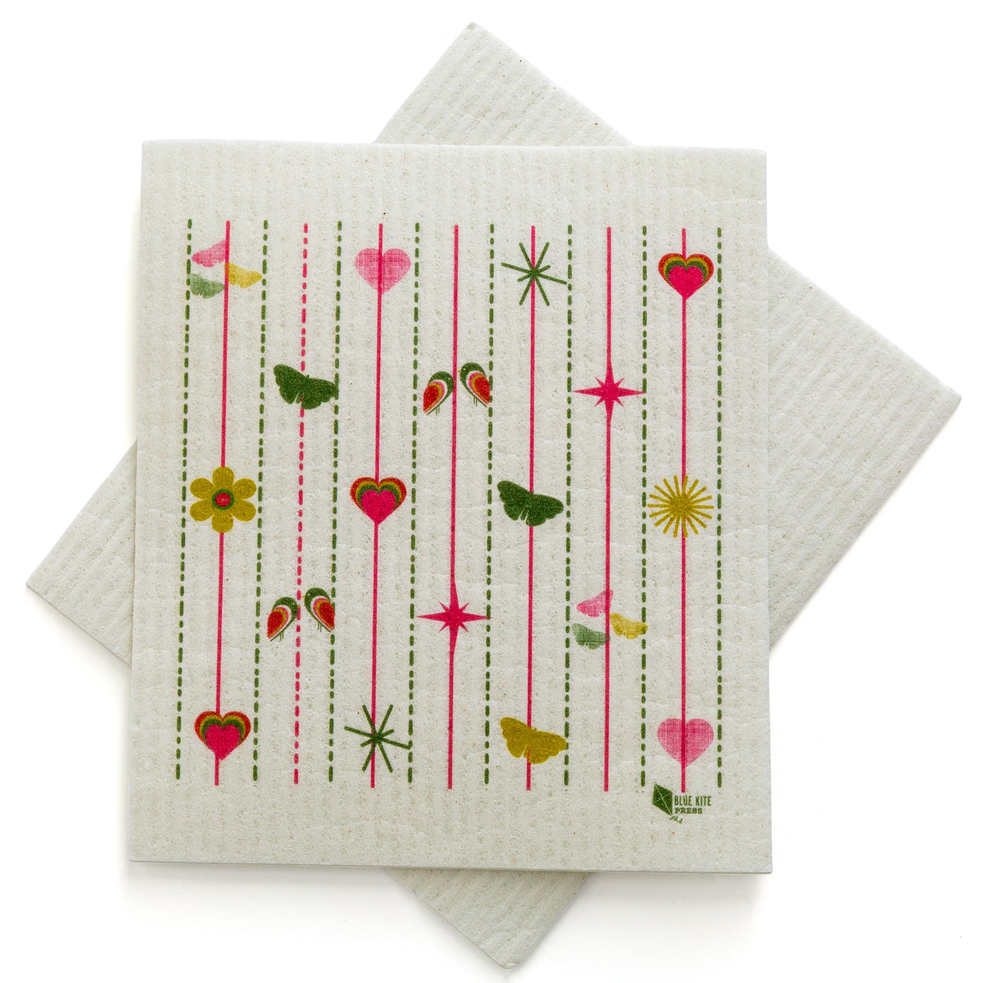 Swedish dishcloth with pink heart and flower design
