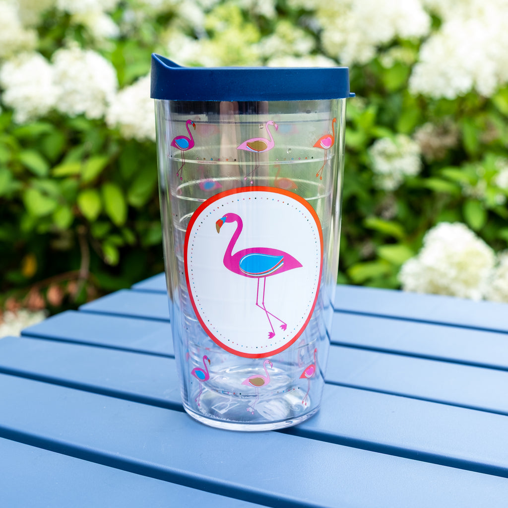 Flamingo Classic Tervis Tumbler 16 oz with retro flamingo design keeps drinks hot or cold in style outdoors.