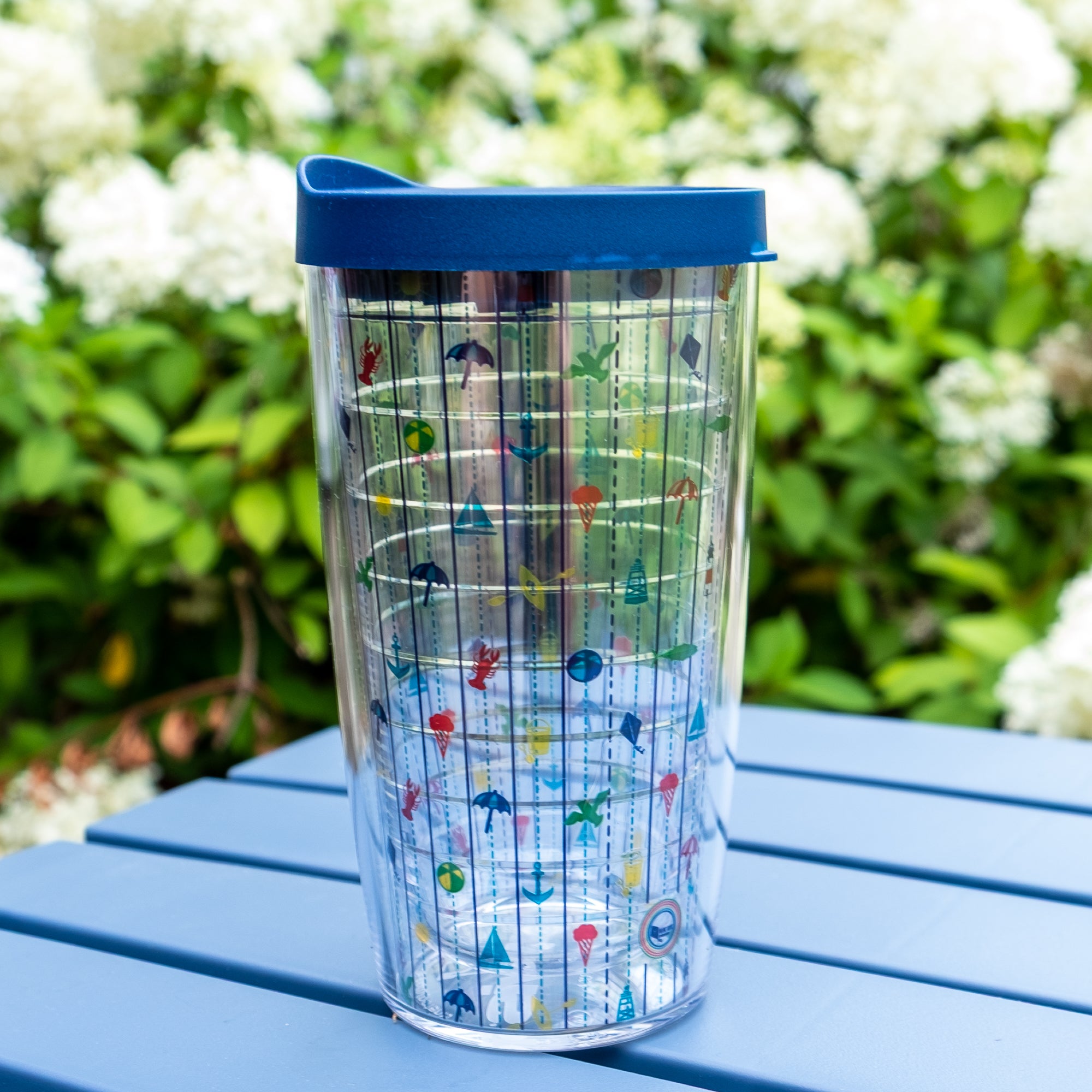 Seaside Classic Tervis Tumbler with New England coastal lobster, sailboat, and lighthouse design, 16 oz capacity, blue lid