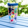 Bright Bird Classic Tervis Tumbler 16 oz with colorful bird design and blue lid for hot and cold drinks.