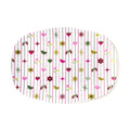 Pink Tiki Oval Serving Tray with retro floral, hearts, and bird pattern on white decoplate surface