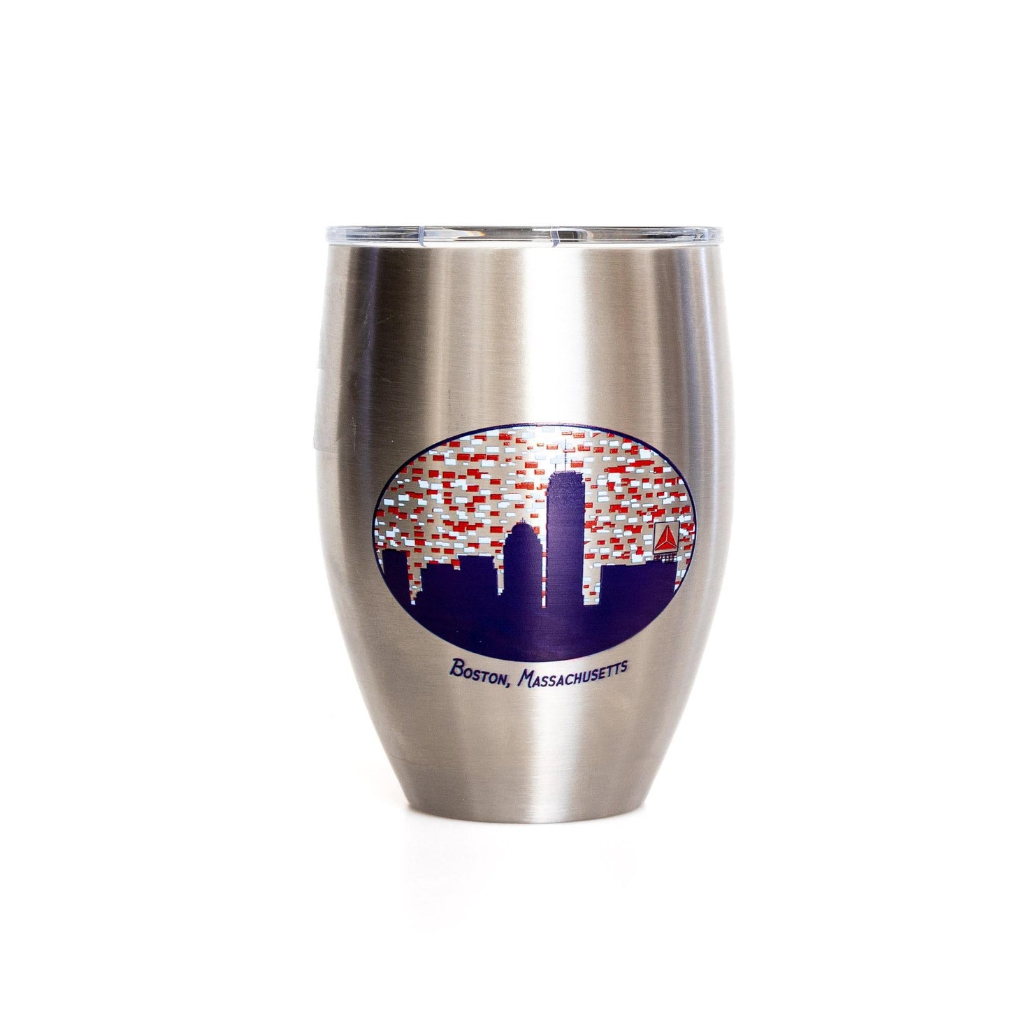 Stainless steel Tervis tumbler featuring Boston skyline with iconic Citgo sign, colorful background, 12 oz capacity, perfect for hot or cold beverages on the go