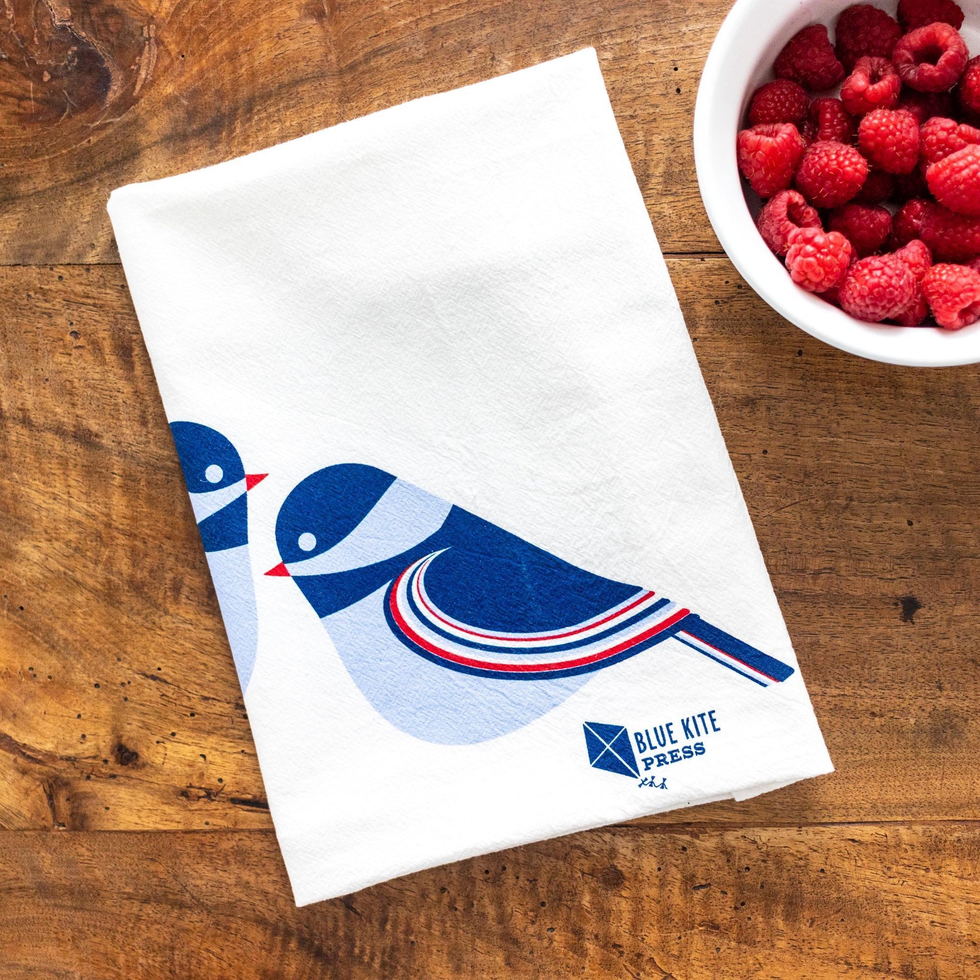 Chickadee Tea Towel in White Flour Sack - Blue Kite Press