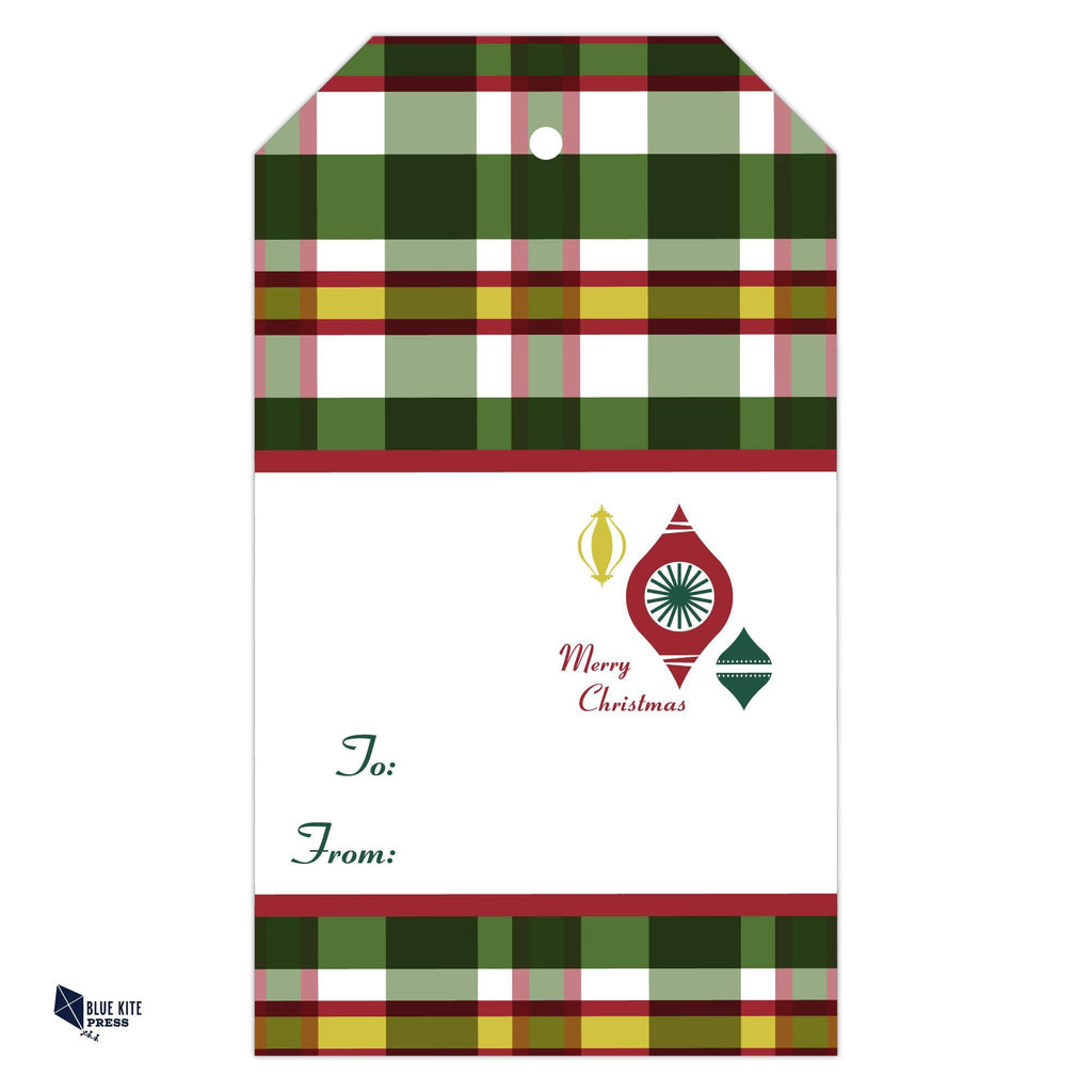 Christmas gift tag with green, red, and white plaid pattern, featuring modern ornament designs and "Merry Christmas" text. Includes "To:" and "From:" fields for personalization.