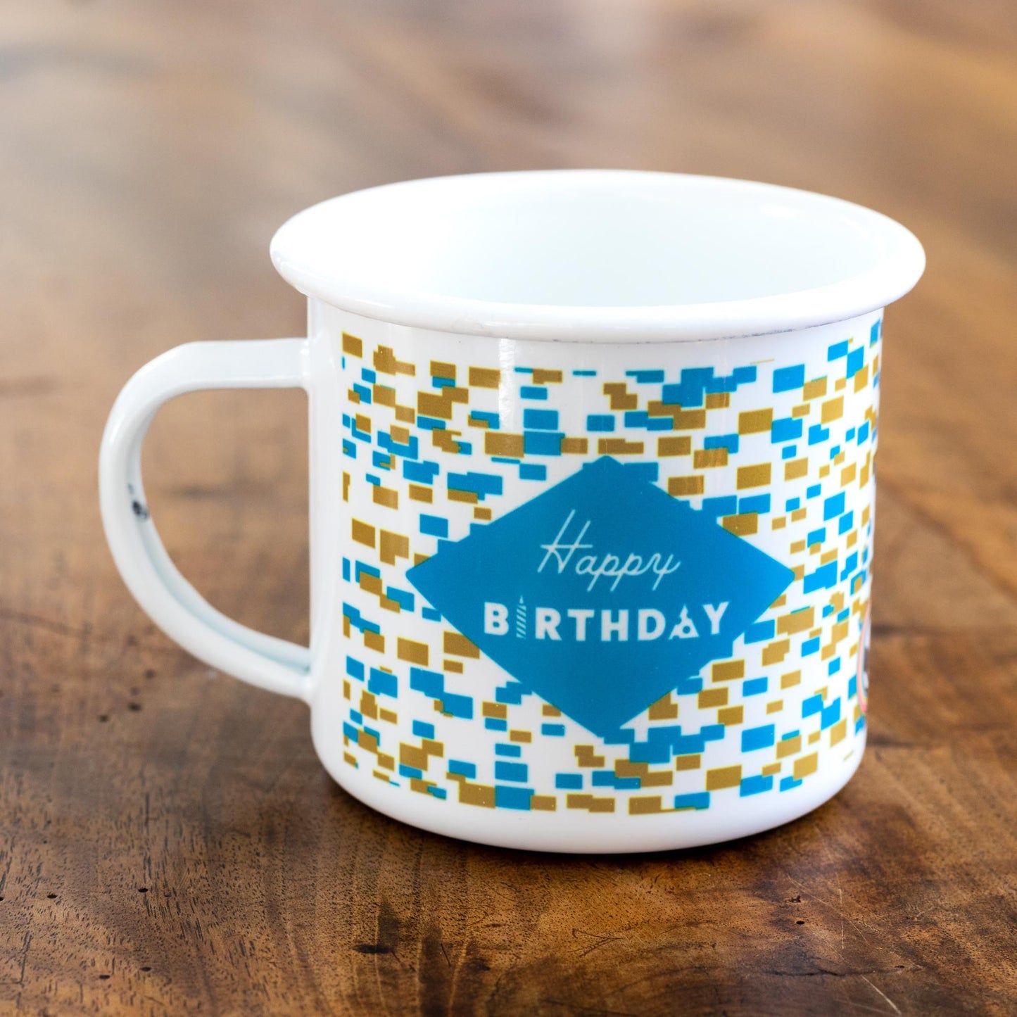 Happy Birthday Enamel Mug with Blue Confetti